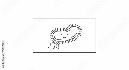 Cute Cartoon Bacterium with Flagella and Smiley Face, Simple Line Art