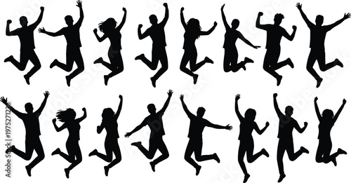 A collection of black silhouettes depicts a group of people joyfully jumping and raising their arms in celebration high quality professional detailed modern