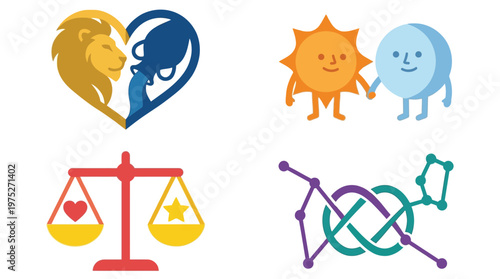 Colorful illustrations depicting various astrological and zodiac symbols, including Leo and Aquarius, sun and moon, Libra scales, and a cosmic constellation design.