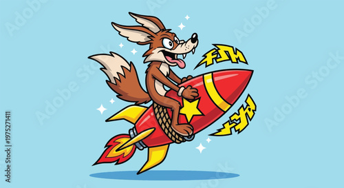 Cartoon Fox Riding a Rocket Ship.