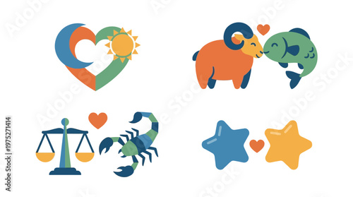 Collection of astrological and zodiac sign illustrations depicting love, compatibility, and cosmic connections.