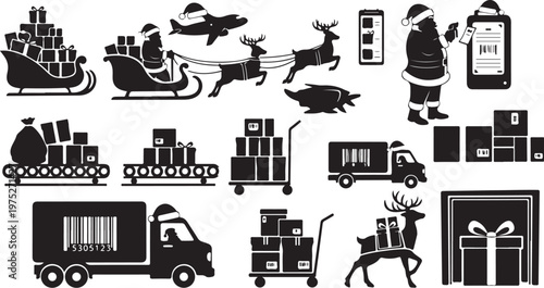 Christmas Delivery Icons and Transportation Methods for Gifts