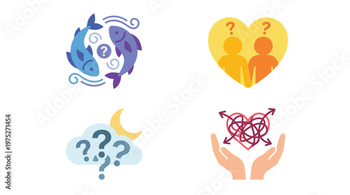 Four distinct icons illustrating various forms of uncertainty, confusion, and emotional complexity in relationships and thoughts.