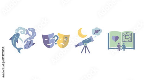 A collection of four symbolic icons representing themes of love, drama, dreams, and storytelling, featuring fish, masks, a telescope, and an open book.
