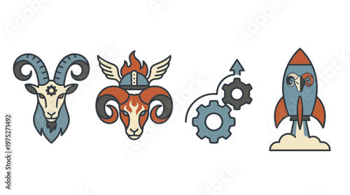 A collection of four distinct icons featuring two ram heads, one with a viking helmet, and two symbols of progress: interlocking gears and a launching rocket.