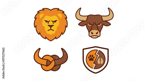 Four distinct graphic icons featuring a lion's head, a bull's head, intertwined horns, and a shield with paw and hoof prints, all in a flat design style.