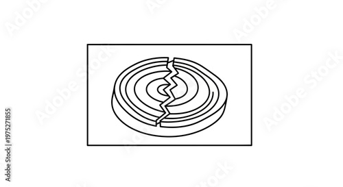 Broken circular object with concentric rings, symbolizing division and damage.