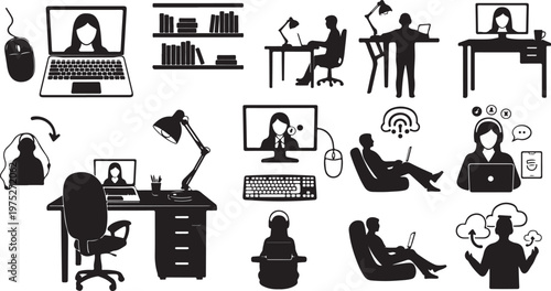 Remote Work and Communication Icons in Black and White