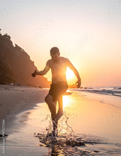A man runs joyfully into the ocean at sunset, creating a splash as the golden sun dips near the horizon