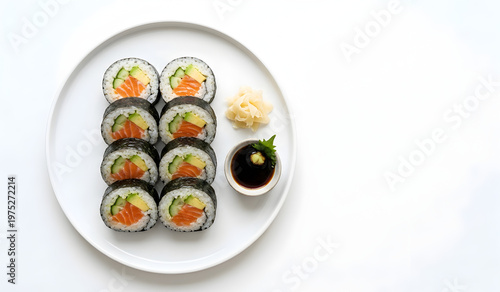 Top view of colorful sushi rolls with clean composition and white background.