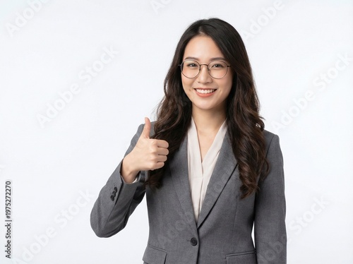 Smiling Asian businesswoman giving a thumbs-up 