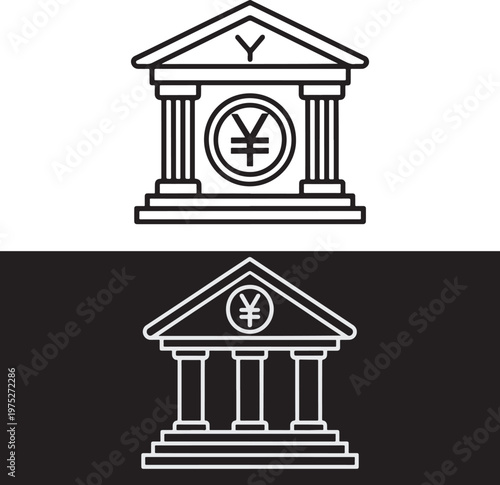 bank building icon with yen symbol, finance logo