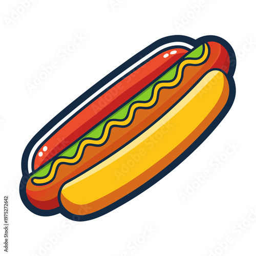 Cartoon hot dog vector illustration, grilled sausage in bun with mustard and relish, flat fast food icon isolated on white background