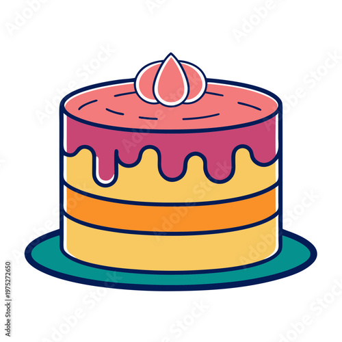 Minimalist cake vector illustration, colorful layered sponge cake with pink frosting drip, sweet bakery dessert icon on white background
