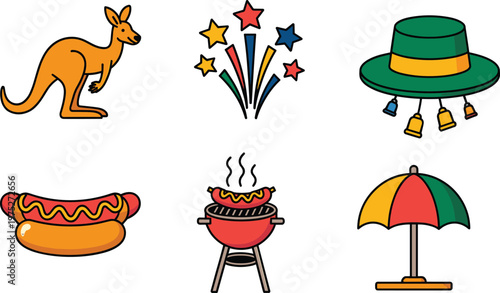 Australia icons set, kangaroo fireworks hat barbecue hotdog beach umbrella, colorful vector illustration, festive holiday culture symbols isolated design