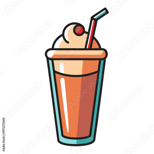 Retro chocolate milkshake vector illustration, vintage diner style cold beverage icon, sweet frappe with whipped cream and cherry on top