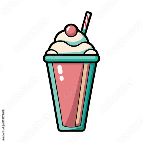 Retro strawberry milkshake vector illustration, pink smoothie with whipped cream and cherry, vintage diner style cold beverage icon on white background