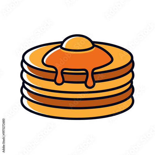 Pancake stack vector illustration, breakfast pancakes with melting butter and maple syrup, flat cartoon food icon on white background