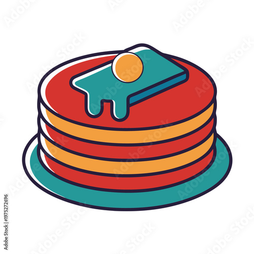 Retro pancake stack vector illustration, breakfast food icon with butter and syrup, vintage flat design flapjacks on a plate for cafe menus