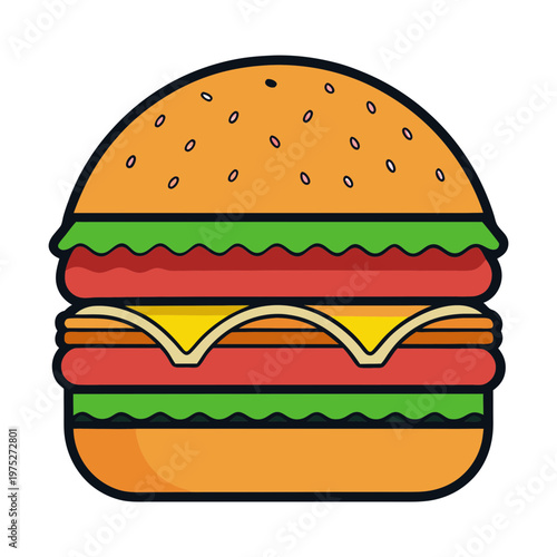 Flat vector burger icon with thick outlines, delicious double cheeseburger illustration, fast food hamburger with lettuce and tomato on white background