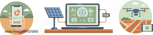 This illustration depicts the interconnectedness of modern technology showcasing a smartphone solar panel laptop with ai and drone high quality professional detailed elegant