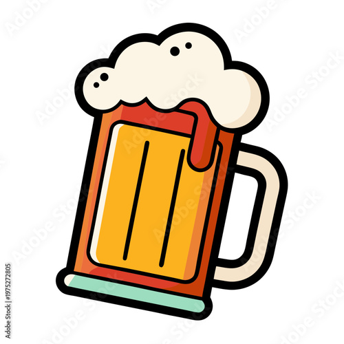 Retro beer mug sticker icon, vintage glass tankard with foam, flat vector illustration of a cold lager pint for pub and brewery branding