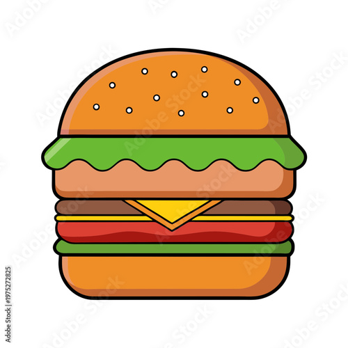 Flat vector burger illustration, delicious cheeseburger with sesame bun and fresh lettuce, gourmet beef hamburger icon for restaurant menu design