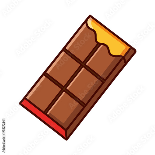 Milk chocolate bar vector illustration, sweet cocoa dessert with gold foil wrapper, delicious dark chocolate snack icon isolated on white