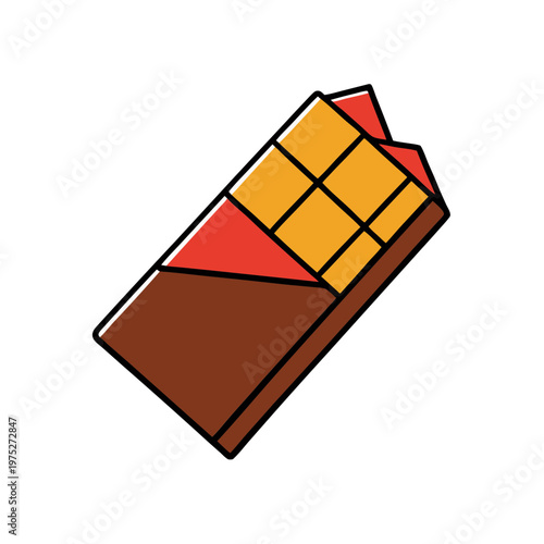 Chocolate bar vector illustration, dark cocoa candy in red wrapper, sweet snack icon with gold foil, flat design food element for packaging