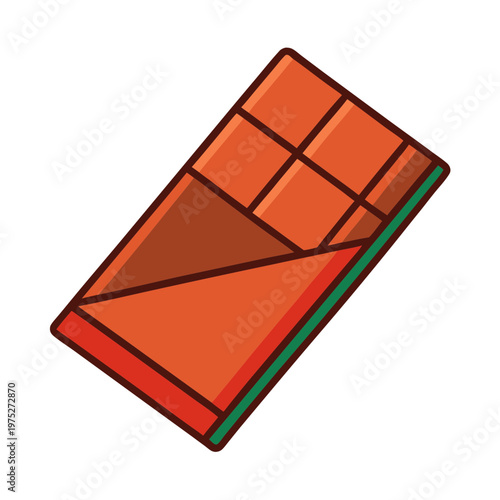 Chocolate bar vector illustration, dark cocoa candy in red and green wrapper, sweet snack icon for food packaging and menu design