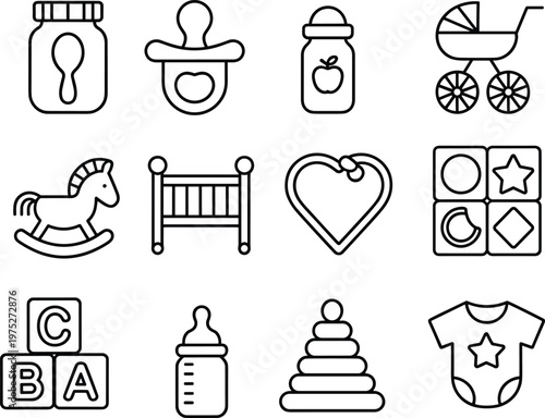 Baby care line icons set, newborn essentials collection, infant toys, feeding accessories, nursery items, minimal outline vector, childcare concept illustration
