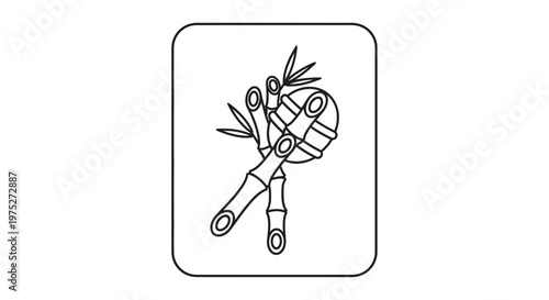 Bamboo Rattle Toy with Leaves, Simple Outline Icon, Baby Toy, Natural Material