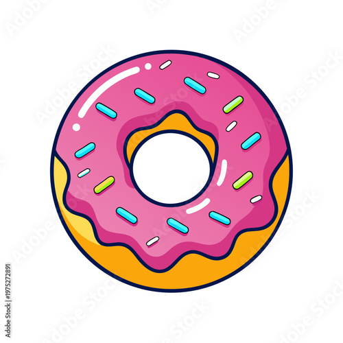 Pink glazed donut with colorful sprinkles vector illustration, sweet strawberry frosted doughnut icon, delicious pastry dessert isolated on white