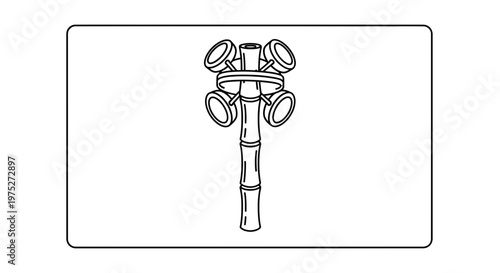 Bamboo Rake Head with Five Prongs, Traditional Tool Illustration