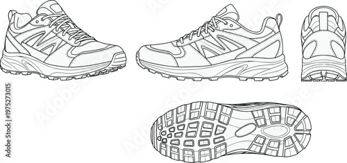 Detailed line drawing showcases a pair of running shoes from multiple angles including side top and sole views high quality professional detailed modern