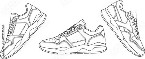 A detailed line drawing showcases two perspectives of a modern athletic sneaker highlighting its design features high quality professional elegant stylish clean crisp
