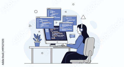 A focused woman wearing headphones works at a desk surrounded by multiple computer screens displaying code illustrating modern software development high quality professional