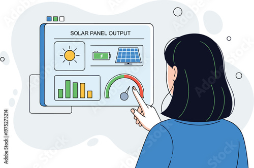 A woman examines a digital display showing solar panel output data including icons for the sun battery and grid high quality professional detailed