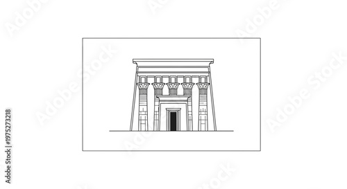 Ancient Egyptian Temple Entrance Facade with Columns and Hieroglyphs - Line Art