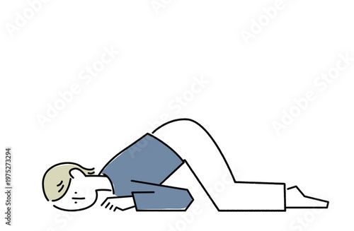 床に頭をつけて階下の音に聞き耳を立てる女性の線画イラスト