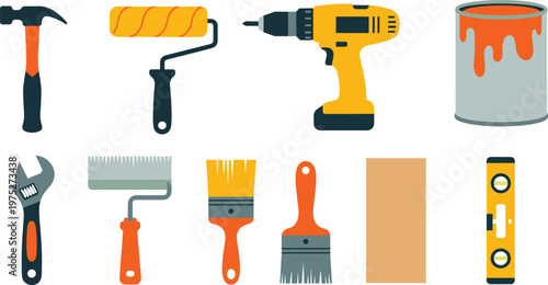 Construction tools icons set, hammer drill paint roller wrench brush level illustration, home repair equipment vector collection isolated background