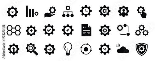 Engineering setup and settings icon collection, vector illustration for configuration, system control and technical workflow management.
