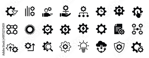 Engineering setup and settings icon collection, vector illustration for configuration, system control and technical workflow management.