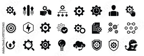 Engineering setup and settings icon collection, vector illustration for configuration, system control and technical workflow management.