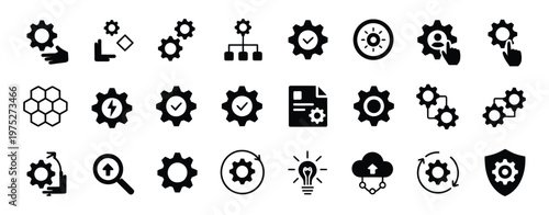 Engineering setup and settings icon collection, vector illustration for configuration, system control and technical workflow management.