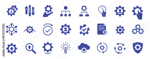 Engineering setup and settings icon collection, vector illustration for configuration, system control and technical workflow management.