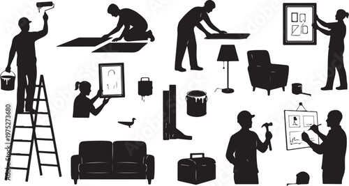 Silhouettes of people moving and assembling furniture at home