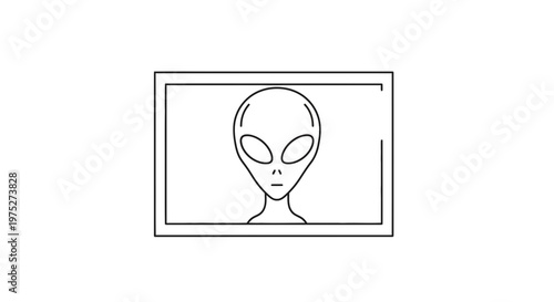 Alien Head Icon on Screen, UFO Extraterrestrial Concept, Minimalist Line Art