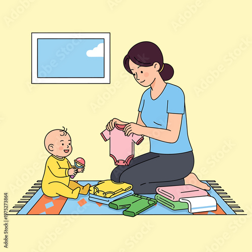 A cheerful mother folds baby clothes on a colorful rug as her happy infant plays nearby, a heartwarming vector illustration.