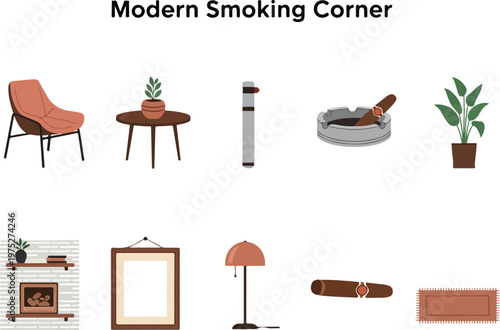 A collection of elements to furnish a modern smoking corner, including a chair, table, plants, and accessories